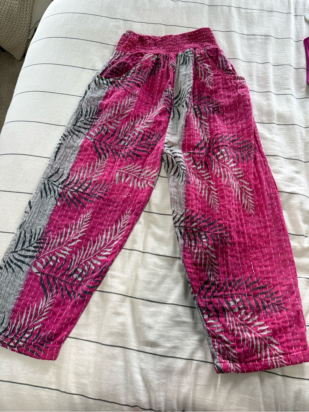 Magenta and Gray Palm Print Quilted Lounge Pants